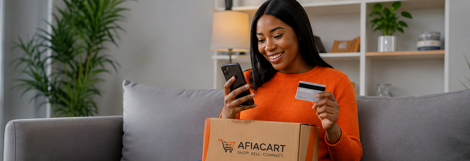 Woman shopping online on Afiacart, a Nigerian online marketplace