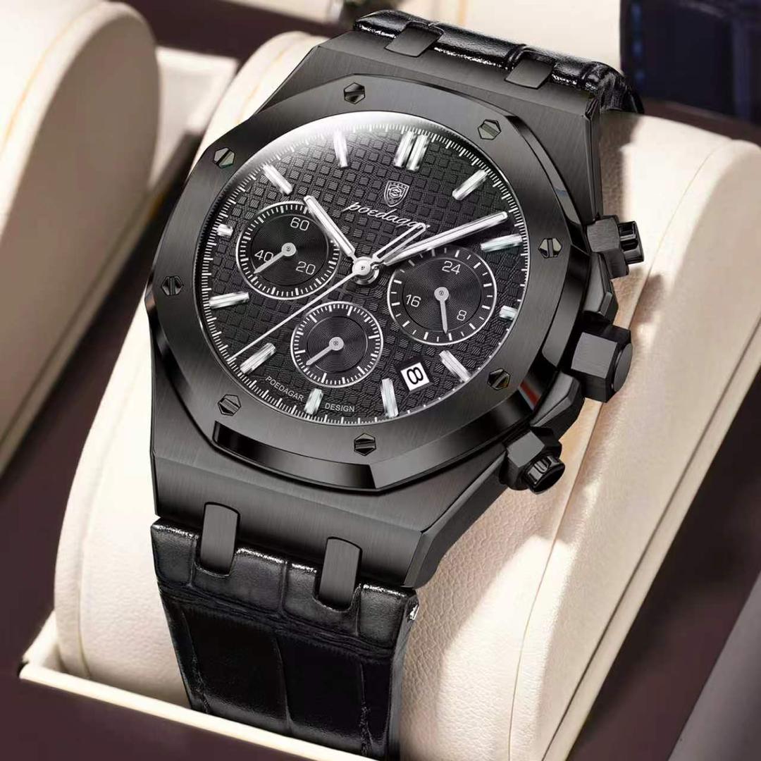 POEDAGAR Men’s Luxury Chronograph Watch – Waterproof Luminous Stainless Steel Quartz Wristwatch with Date for Business & Sports