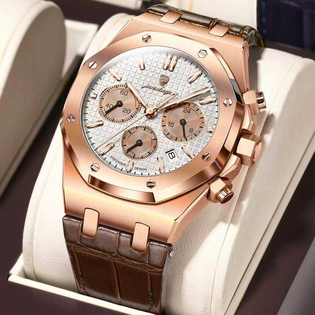 POEDAGAR Men’s Luxury Chronograph Watch – Waterproof Luminous Stainless Steel Quartz Wristwatch with Date for Business & Sports