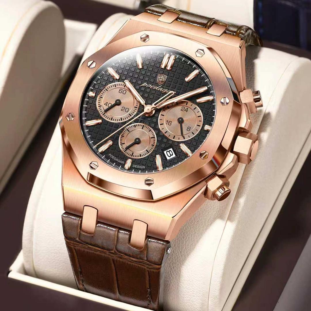 POEDAGAR Men’s Luxury Chronograph Watch – Waterproof Luminous Stainless Steel Quartz Wristwatch with Date for Business & Sports