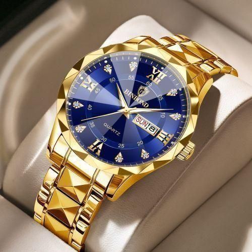 BINBOND Unisex Quartz Watch – Waterproof Stainless Steel Wristwatch with Luminous Glow-in-the-Dark Dial, Blue & Metallic Design